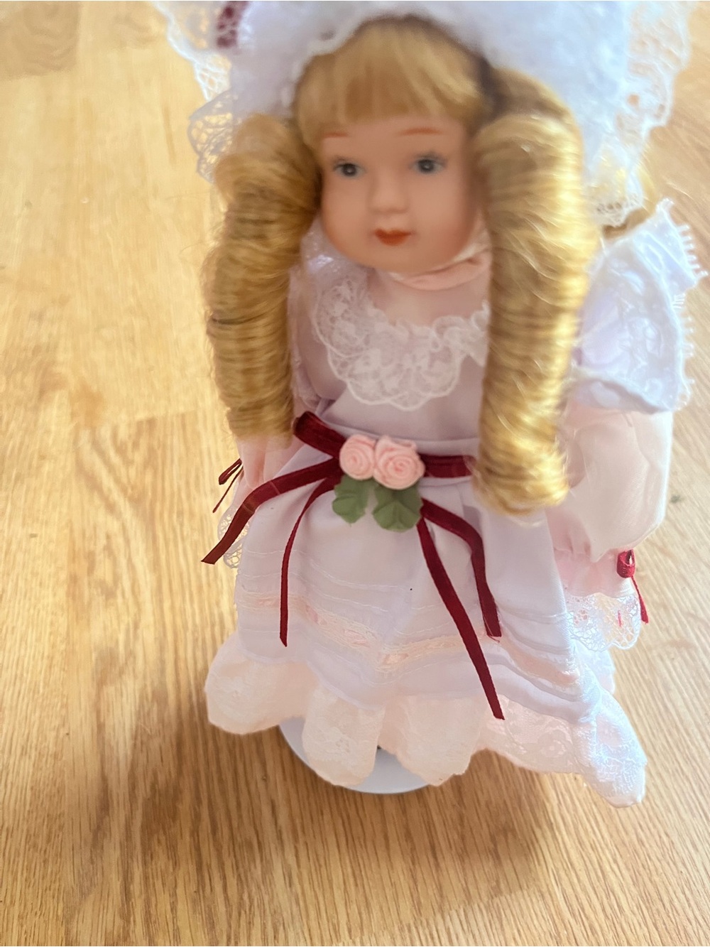 Porcelain Blonde Curly Hair Doll in White Lace Dress